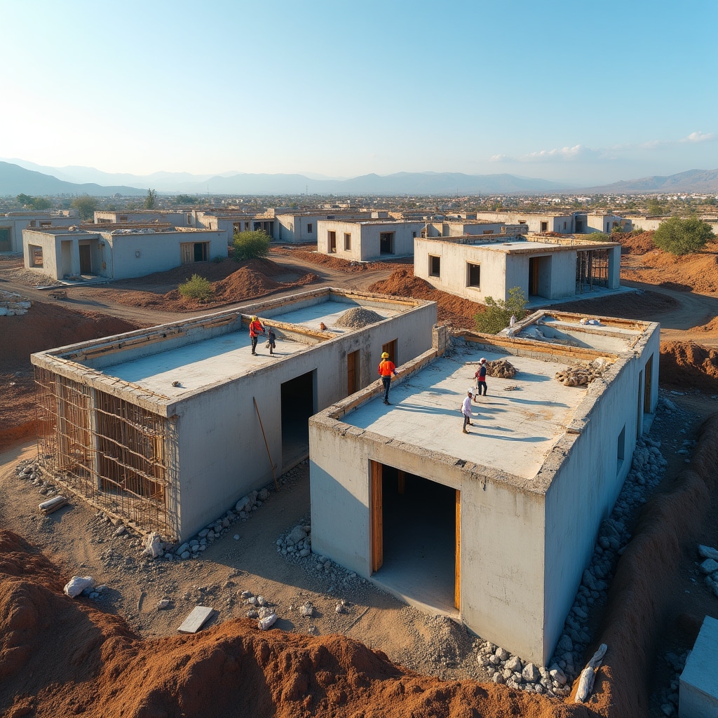 Aerial view of construction site with drone photography showing progress documentation
