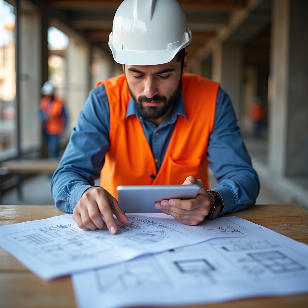 Construction professional reviewing architectural plans with visual documentation on tablet